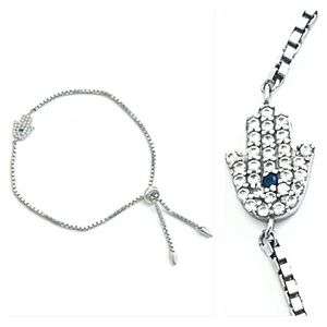 .925 Sterling Silver Hamsa Hand Evil Eye Bracelet with Blue Crystal Accent!